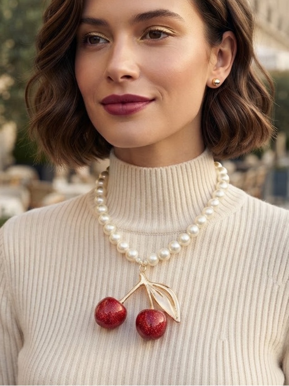 Elegant Pearl Necklace with Gold Cherry Pendant - Red Cherry Accent